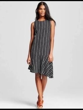 Who What Wear Black and White Striped Sleeveless Midi Dress Medium
